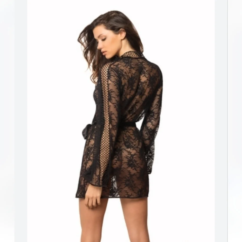 Black Sheer Mesh & Lace Boudoir Wrap Robe Ohlala Cheri Paris Size 2XL